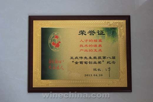 戎子酒庄总经理王庆伟荣获“金葡萄创业奖” 奖项